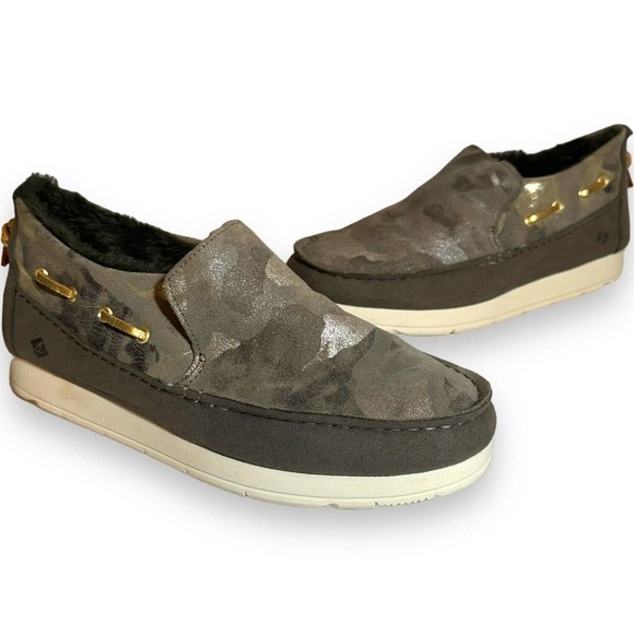 Womens Sperry Olive Camo Suede Moc-Sider Slip-On Faux Fur Lined Size 8M - Picture 2 of 10